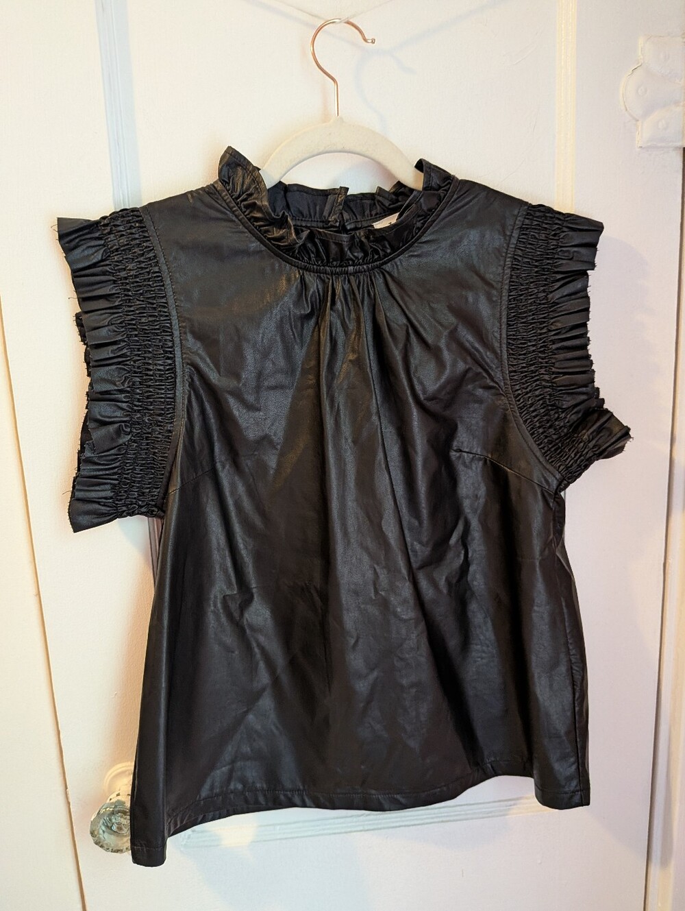 THML Black Faux Leather Ruffle Trimmed Sleeve Top Blouse - Size S